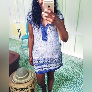 Calypso St Barth Silk Sheer Sparkle Coverup Blue White Floral XS